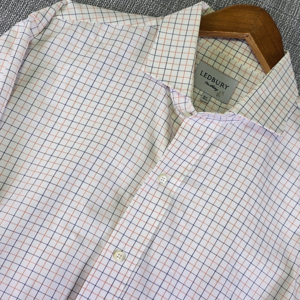 Ledbury Dress Shirt Mens 16.5 L Tattersall White Blue Orange Button-Up Preppy